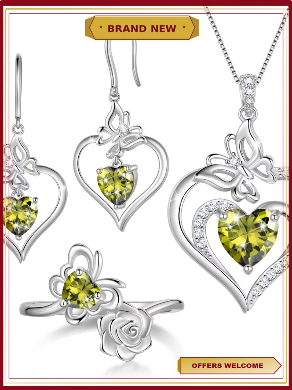 18K White Gold Plated Birthstone Jewelry Set - Necklace Earrings Ring Set for